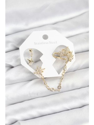 Renas Store Kutup Yıldızı Model Pirinç Gold Renk Zincir Bağlantılı Ear Cuff Küpe Seti - TJ-BKP11550