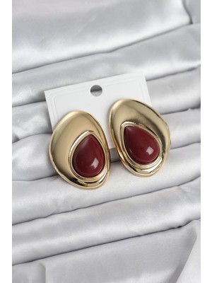 Renas Store Pirinç Gold Renk Bordo Taşlı Damla Model Kadın Küpe - TJ-BKP11682
