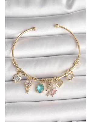 Renas Store Pirinç Gold Renk Sallantı Zirkon Taşlı Ayıcık Figür Detay Charm Kadın Bileklik - TJ-BB6894
