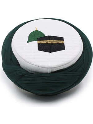 Sarıkhane Hac Umre Sarığı – Yeşil Kumaş – Beyaz Takke – Çapraz Sarım – Mekke-Medine – 7 Metre