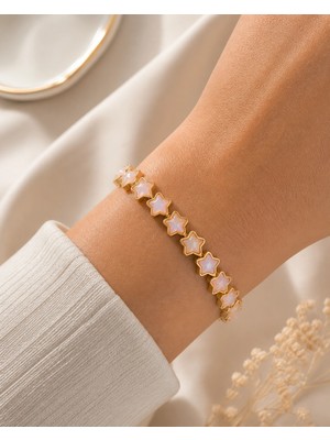 Gold Yıldız Taşlı Lastikli Bileklik  Opal Pembe