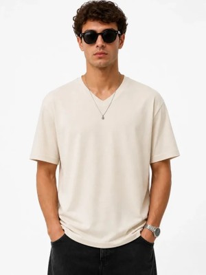 Çamaşır Kenti Erkek V Yaka Basic Tişört Kısa Kol Yazlık Regular Fit T-Shirt - Bej