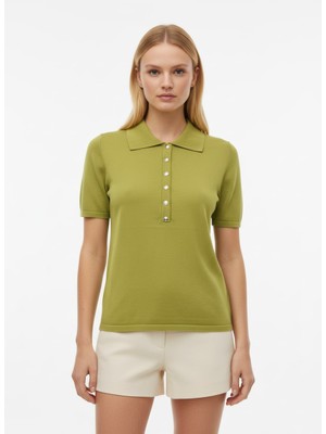 Venezia Giyim Kadın Rahat Kesim Düğmeli Polo Yaka Kısa Kol Basic T-Shirt // V12435