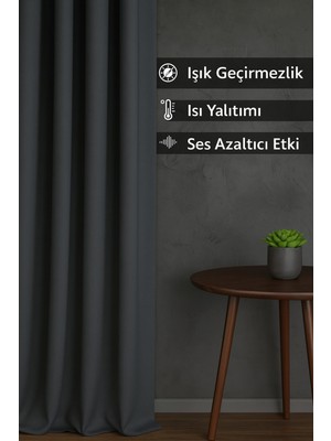 MRC Tekstil Antrasit Blackout Işık Geçirmez Kornişli Karartma Saten Perde Lüks Fon Perde Antrasit Düz Dikim