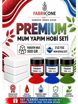 Fabrikone Premium Mum Yapım Hobi Seti - Parafin Wax 500 gr - 3'lü Toz Mum Boyası Seti - Kırmızı, Mavi, Yeşil BKFABPW5003KMY