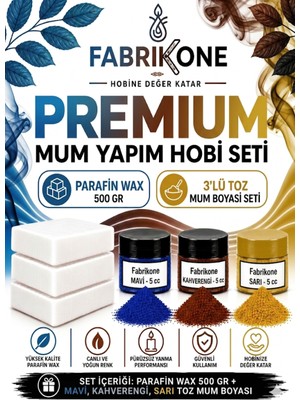 Fabrikone Premium Mum Yapım Hobi Seti - Parafin Wax 500 gr - 3'lü Toz Mum Boyası Seti - Mavi, Kahverengi, Sarı BKFABPW5003MKHSR