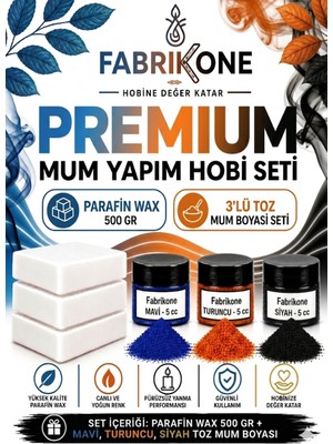 Fabrikone Premium Mum Yapım Hobi Seti - Parafin Wax 500 gr - 3'lü Toz Mum Boyası Seti - Mavi, Turuncu, Siyah BKFABPW5003MTS