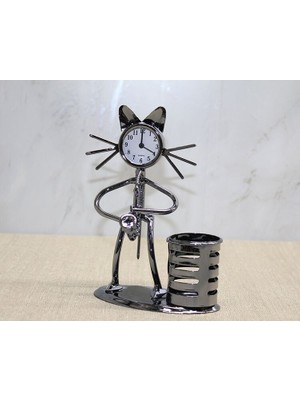 EkoAlışverişDünyam Metal Saksafon Çalan Müzisyen Kedi Saat ve Kalemlik