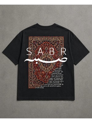 Oversize Siyah Tişört – “sabır” Sırt Baskı Halı Desenli, %100 Pamuk, Unisex Streetwear