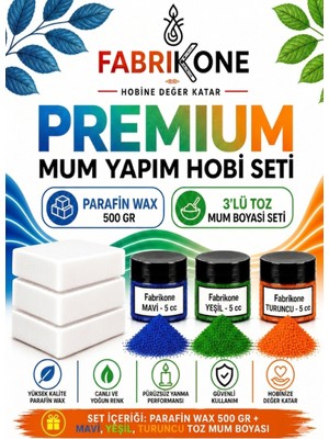 Fabrikone Premium Mum Yapım Hobi Seti - Parafin Wax 500 gr - 3'lü Toz Mum Boyası Seti - Mavi, Yeşil, Turuncu BKFABPW5003MYT