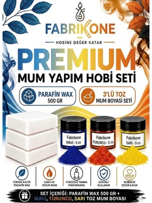Fabrikone Premium Mum Yapım Hobi Seti - Parafin Wax 500 gr - 3'lü Toz Mum Boyası Seti - Mavi, Turuncu, Sarı BKFABPW5003MTSR