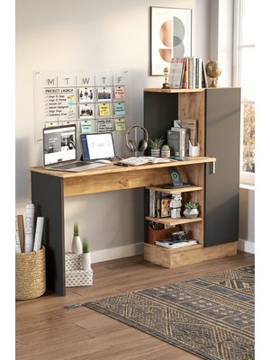 Yurudesign Laura Modern Tasarımlı Kitaplıklı Çalışma Masası Suntalam Malzeme ile Siyah Renk CT2-AB