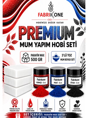 Fabrikone Premium Mum Yapım Hobi Seti - Parafin Wax 500 gr - 3'lü Toz Mum Boyası Seti - Kırmızı, Mavi, Siyah BKFABPW5003KMS