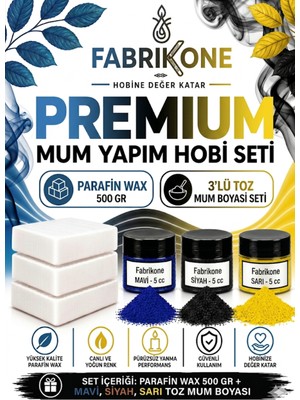 Fabrikone Premium Mum Yapım Hobi Seti - Parafin Wax 500 gr - 3'lü Toz Mum Boyası Seti - Mavi, Siyah, Sarı BKFABPW5003MSSR