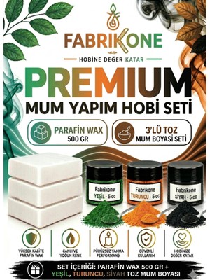 Fabrikone Premium Mum Yapım Hobi Seti - Parafin Wax 500 gr - 3'lü Toz Mum Boyası Seti - Yeşil, Turuncu, Siyah BKFABPW5003YTS