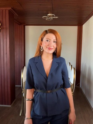 Arwey Lacivert Kemer Detaylı Keten Takım
