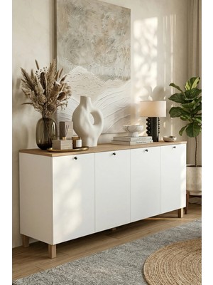 Yurudesign Nord Konsol Modern Tasarımlı Ahşap Ayaklı 4 Kapaklı Suntalam Dolaplı Beyaz