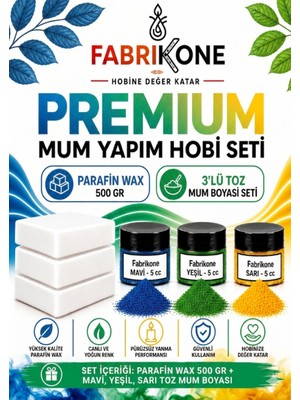 Fabrikone Premium Mum Yapım Hobi Seti - Parafin Wax 500 gr - 3'lü Toz Mum Boyası Seti - Mavi, Yeşil, Sarı BKFABPW5003MYSR