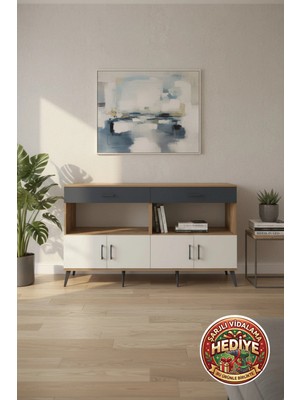 Luna Konsol 2 Raflı, 2 Çekmeceli, 4 Kapaklı - 176CM, Çam/aytaşı Renk