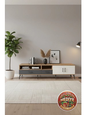 Luna Tv Ünitesi: 220CM, 3 Raflı, 2 Çekmeceli, 2 Kapaklı (Çam-Aytaşı/antrasit)