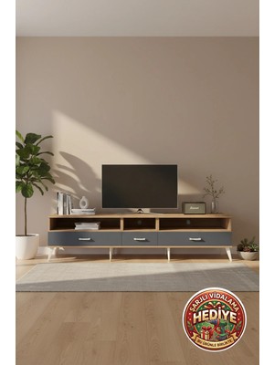 Luna Tv Ünitesi: Çam & Antrasit, 3 Raflı, 3 Çekmeceli 220CM