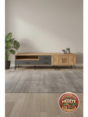 Luna Tv Ünitesi 220CM: 3 Çekmeceli, 2 Raflı, 2 Kapaklı | Atlas Çam/antrasit