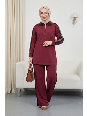 Moda Morfo Yakalı Yarım Fermuarlı Yanları Desenli Penye Takım  -Bordo