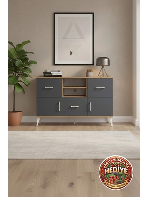 Silva Konsol: 2 Raflı, 3 Çekmeceli, 2 Kapaklı 132X30X83 Çam-Antrasit Salon Mobilyası