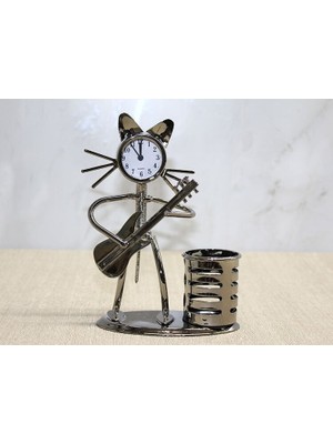 EkoAlışverişDünyam Metal Gitar Çalan Müzisyen Kedi Saat ve Kalemlik
