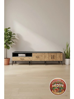 Luna Tv Ünitesi: 2 Raflı, 2 Çekmeceli, 2 Kapaklı (220CM) Antrasit-Çam