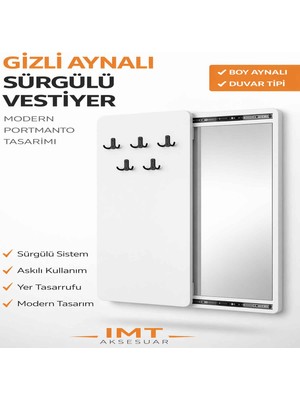 İmt Aksesuar Gizli Aynalı Sürgülü Vestiyer 100X45 cm Beyaz Duvar Tipi Portmanto Askılıklı Raylı Sistem Modern Antre Askılık