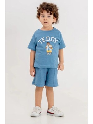 Magu Erkek Çocuk Pamuklu Mavi Teddy Baskılı T-Shirt Şort Takım