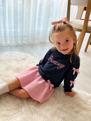 BeU Kids Kız Çocuk Fiyonk Detaylı Lacivert Üst ve Kumaş Dokuma Duble Pembe Etek Takım