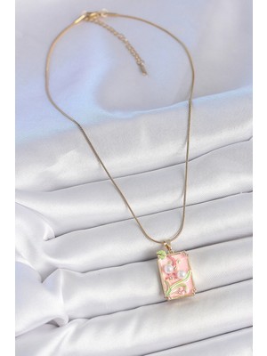 Renas Store 316L Çelik Gold Renk Zincir Pembe Mineli Incli Çiçek Işlemeli Portre Model Kadın Kolye