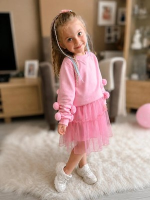BeU Kids Kız Çocuk Ponpon Detaylı Likralı Üst ve Kumaş Tül Iç Astarlı Etek Takım