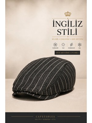 Capstories Erkek Gri Çizgili Kasket – İngiliz Stili (Peaky Blinders) | Klasik Flat Cap M-L