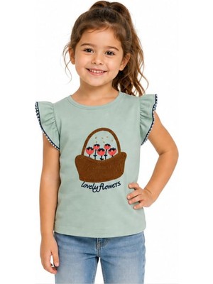 İrem Çocuk Giyim Kız Çocuk Kolları Fırfırlı Yazılı Çiçek Sepet Desenli Yeşil Renk Tişört