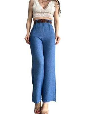 Twin Store Kemerli Keten Pantolon -Mavi