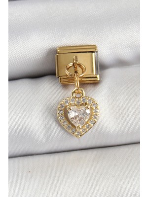 Twin Store 316L Çelik Sallantılı Zirkon Taşlı Kalp Model Gold Renk Charm