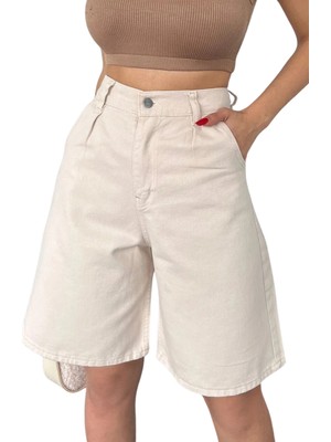 Twin Store Rahat Kesim  Denim Şort Cepli-Krem