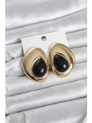 Twin Store Pirinç Gold Renk Siyah Taşlı Damla Model Vintage Kadın Küpe