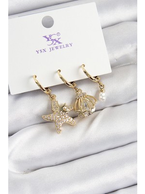 Twin Store Pirinç Zirkon Taşlı Deniz Yıldızı ve Istiridye Model Gold Renk 3&AMP;#39LÜ Kadın Küpe