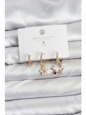 Twin Store Çiçek Model Gold Renk Pirinç 3&AMP;#39LÜ Kadın Küpe Seti