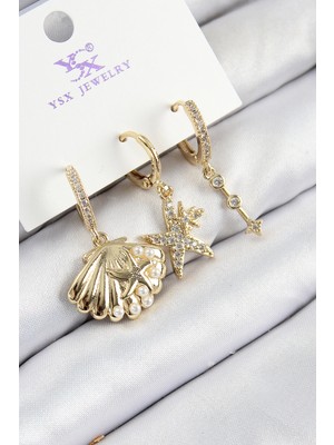 Twin Store Pirinç Zirkon Taşlı 3&AMP;#39LÜ Istiridye ve Yıldız Model Gold Renk Kadın Küpe