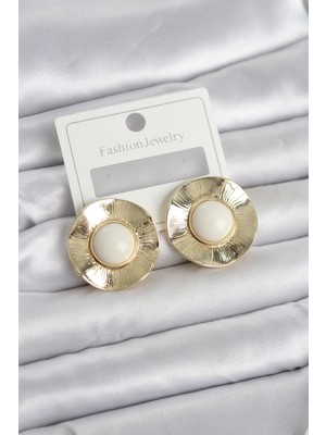 Twin Store Vintage Model Beyaz Gold Renk Pirinç Kadın Küpe