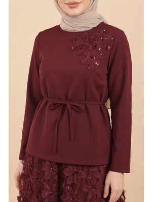 Moda Morfo Organze Tül Çiçekli Beli Kemerli Ithal Krep Takım  -Bordo