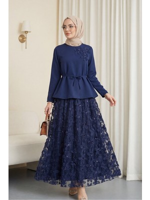 Moda Morfo Organze Tül Çiçekli Beli Kemerli Ithal Krep Takım  -Laci