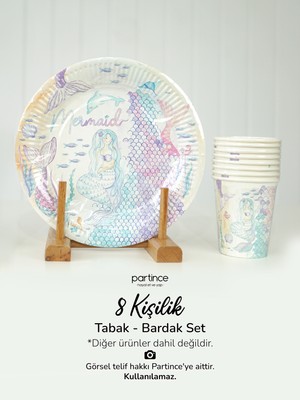 Partince 8 Kişilik Mermaid Deniz Kızı Tema Tabak Bardak Set Kullan At Karton Tabak Bardak Parti Seti