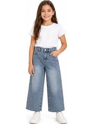 İrem Çocuk Giyim Kız Çocuk Cep Etrafı Taş Detaylı Geniş Paça Model Fermuar Kapamalı Likrasız Mavi Renk Kot Pantolon