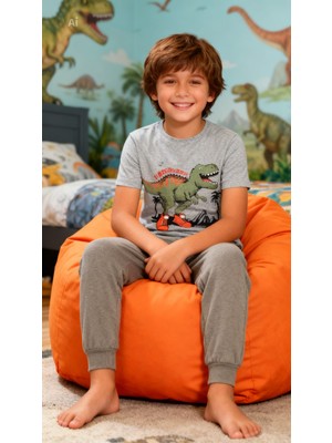NiCe İç Giyim Gri Renk Dinozor Temalı Manşetli Kısa Kol Bisiklet Yaka Cepli Erkek Çocuk Pijama Takım